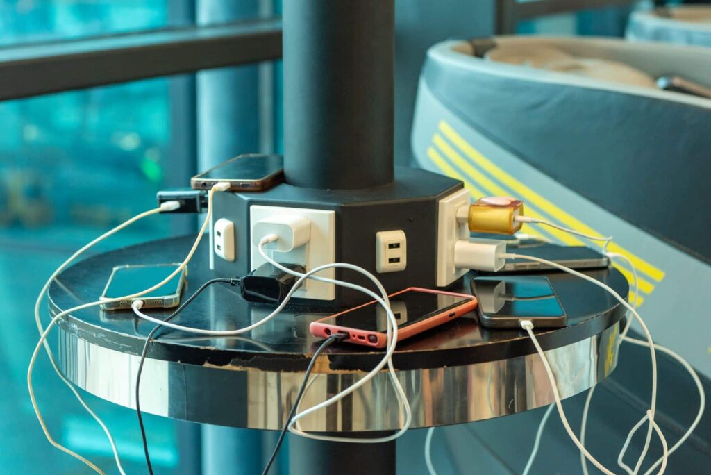 Smartphones charging at a public charging station