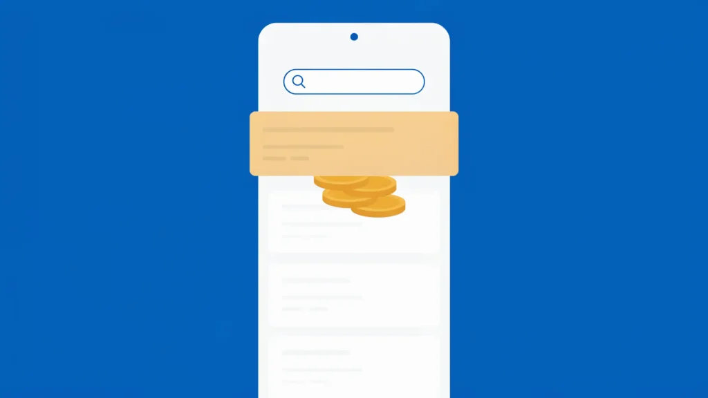 A smartphone search results screen with the top result card highlighted in amber and a pile of gold coins beneath it.