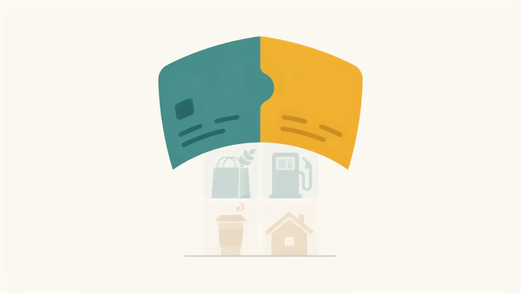 Two cash back credit cards interlock like puzzle pieces into a shield above grocery, fuel, coffee, and home icons.