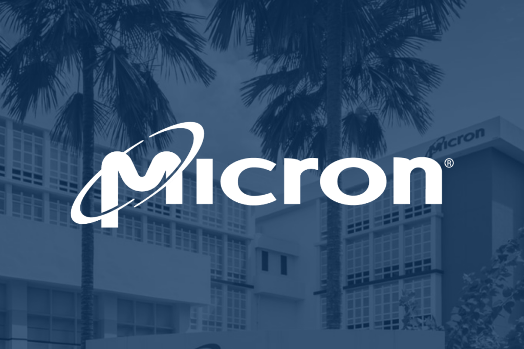 The Micron logo on a blue background.