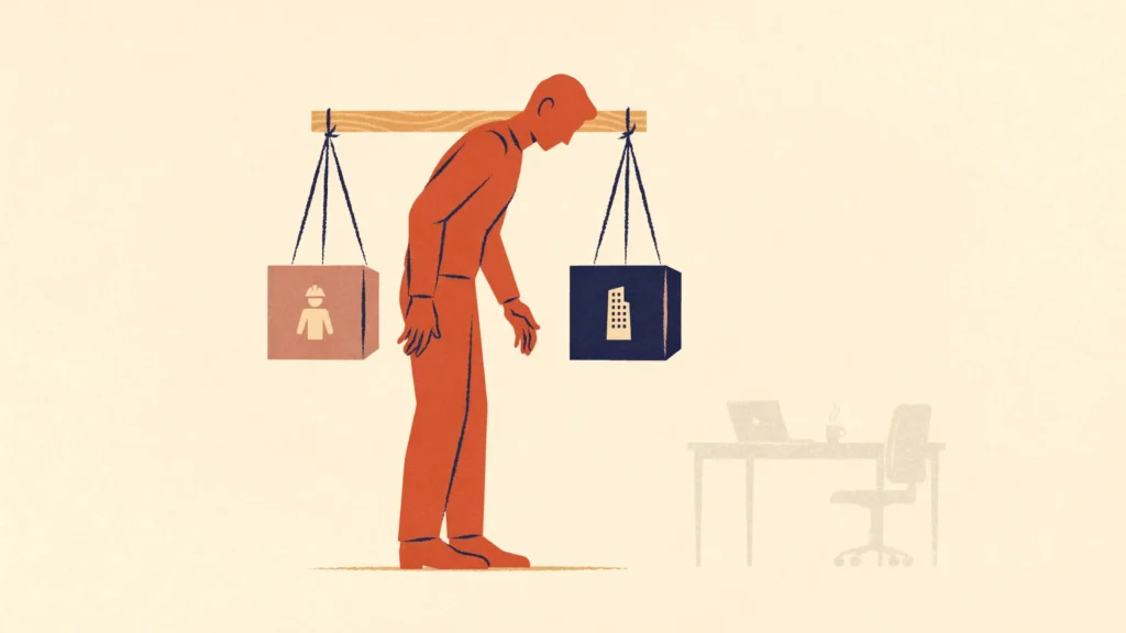 A self-employed freelancer in profile balances a yoke holding two equal cubes marked with worker and building icons.