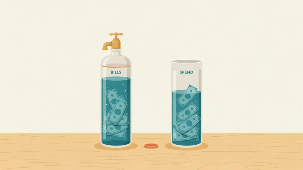 Two tall glass tanks of money on a wooden table, one sealed with a closed tap, the other open and half full.