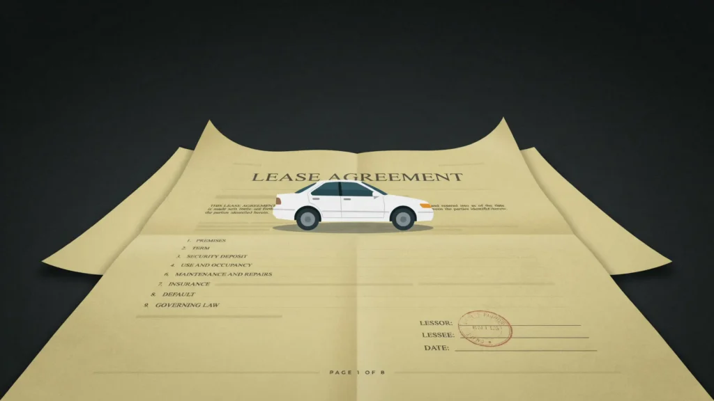 A crisp white sedan parked on top of a large yellowed lease contract with curling corners.
