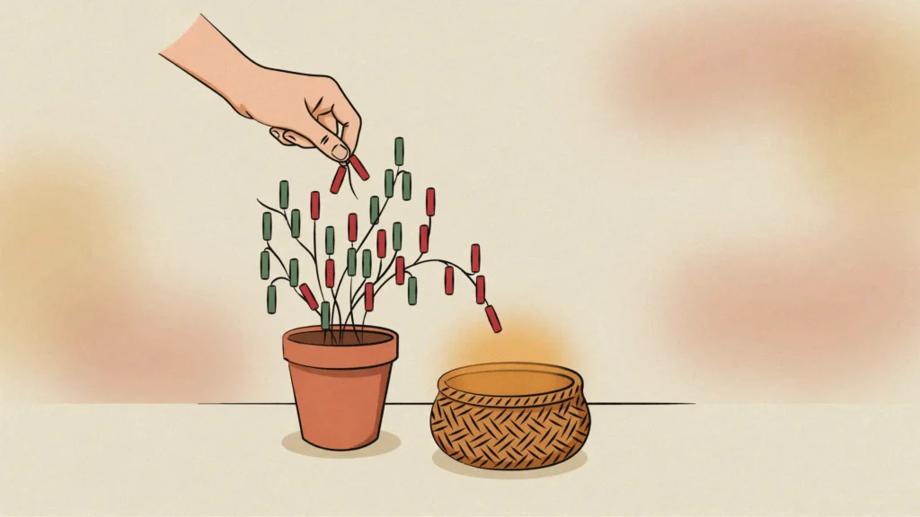 A hand harvests a wilted red candlestick leaf from a potted plant of green bars into a woven basket.