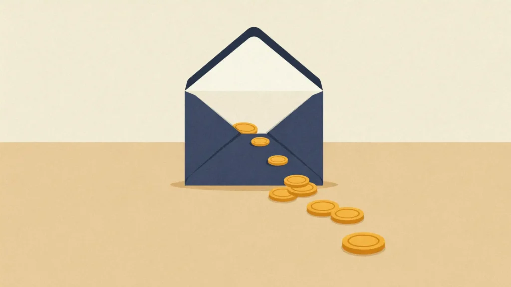 A navy envelope with its flap open and a trail of gold coins spilling from it onto a sand background.