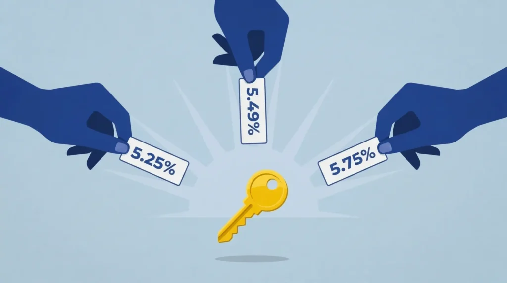 Three hands hold out mortgage rate tags with different percentages toward a single gold house key at the center.
