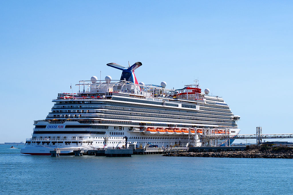 General views of the Carnival Panorama cruise ship in Long Beach, California.