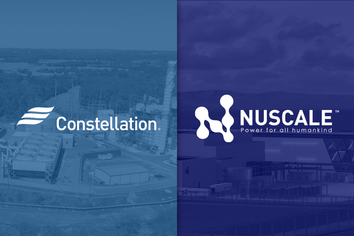 Constellation and NuScale logos over blue-tinted nuclear power facilities