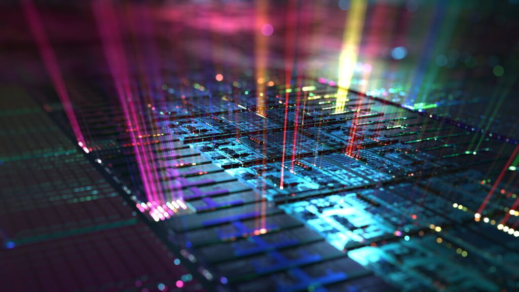 Lasers focused on a motherboard.