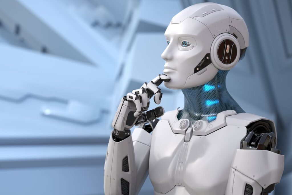 A humanoid robot putting a finger to its chin.