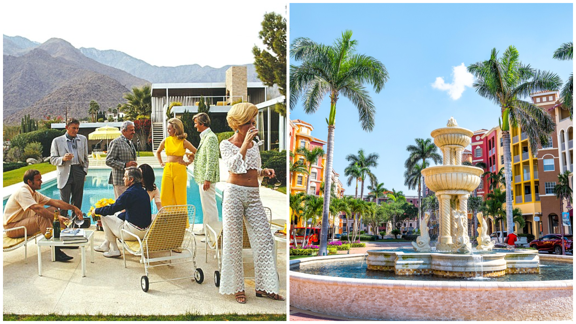 A photo collage of a fountain and colorful buildings in Naples, Florida, and a 1970 poolside party in Palm Springs, California.