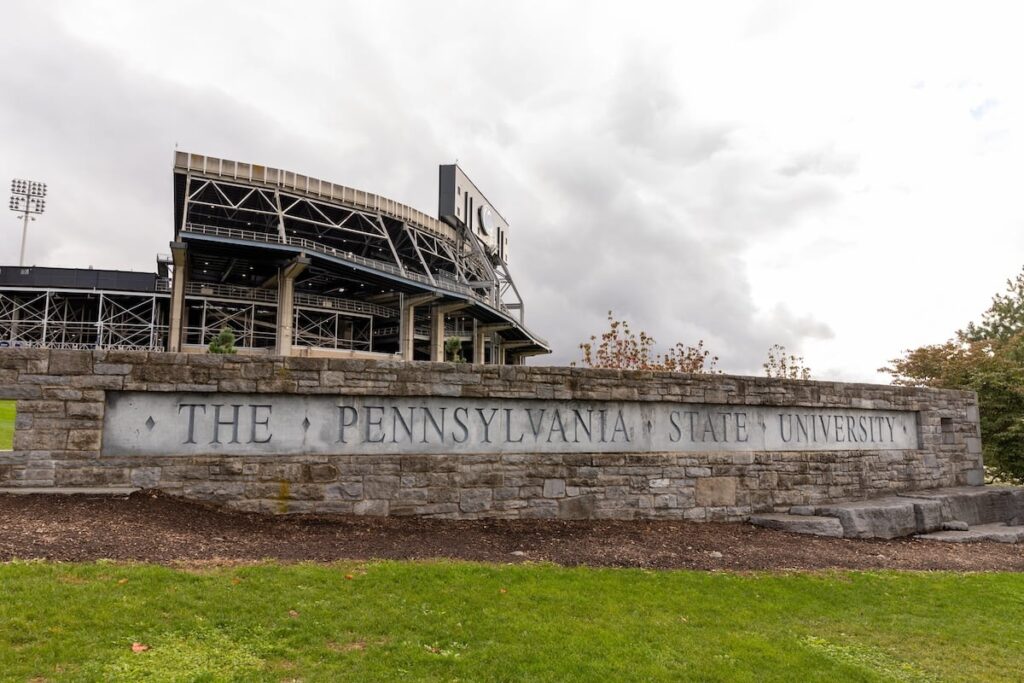 The Pennsylvania State University sign in front of Beaver Stadium